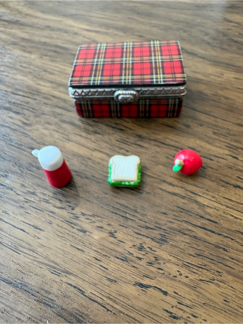 Red Plaid Hinged Lunchbox with Thermos, Sandwich & Apple